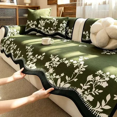 Vintage Amerikanischer Stil Chenille Sofakissen Blumenmuster Rutschfest Sofaüberwurf Grün Dekorative Möbelbezug Für Wohnzimmer