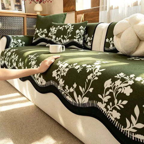 Vintage Amerikanischer Stil Chenille Sofakissen Blumenmuster Rutschfest Sofaüberwurf Grün Dekorative Möbelbezug Für Wohnzimmer