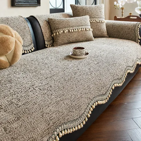 Housse de Canapé Minimaliste Japonais en Chenille Antidérapant Coussin de Canapé Avec Glands Protecteur de Canapé Salon
