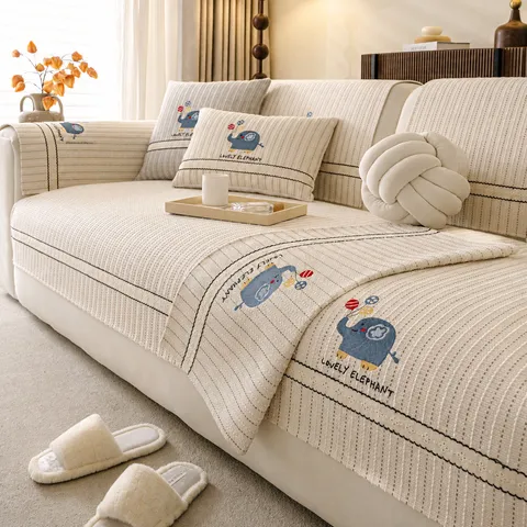 Schattige Cartoon Olifant Borduurwerk Chenille Bankhoes Vier Seizoenen Universele Antislip Bankkussen Beschermer Voor Woonkamer Decor