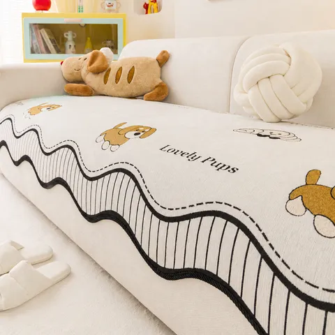Retro Chenille Sofa Cushion Non-Slip Irregular Wave Edge Couch Cover Protective Furniture Mat Cartoon Dog Print Home Decor For Living Room