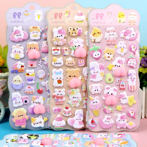 Schattige Cartoon Dier 3D Squishy Reliëf Sticker Kinderen Decompressie Sticker Beer Konijn Decal