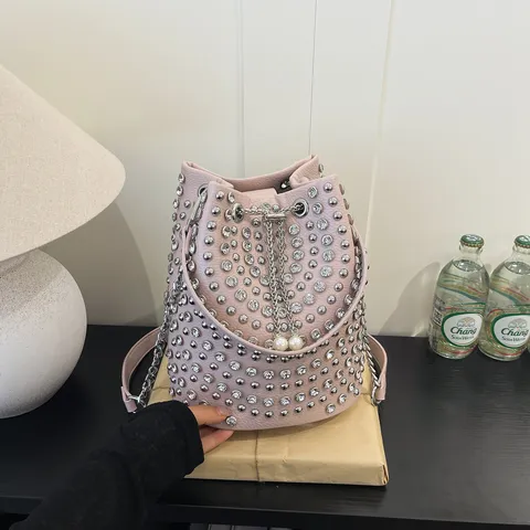 Women PU Leather Bucket Bag Large Capacity Retro Punk Style Shoulder Crossbody Handbag With Rivets Rhinestones And Pearls