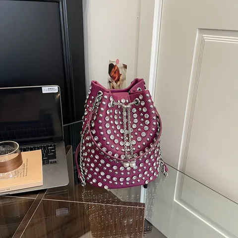 Women PU Leather Bucket Bag Large Capacity Retro Punk Style Shoulder Crossbody Handbag With Rivets Rhinestones And Pearls