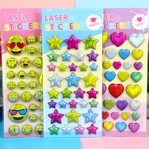 Children Laser Bubble Stickers Star Heart Smiley Face Kids Birthday Party Gift PVC Holographic Relief Stickers