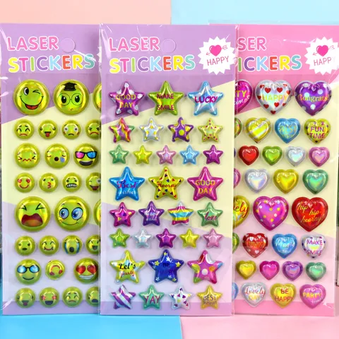 Children Laser Bubble Stickers Star Heart Smiley Face Kids Birthday Party Gift PVC Holographic Relief Stickers