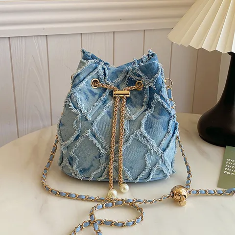 Women Fashion Denim Bucket Bag Quilted Crossbody Shoulder Bag With Metal Chain Pearl Drawstring Casual Handbag