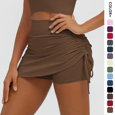 Jupe de Yoga pour Femmes Taille Haute Froncée Effet Deux-Pièces Respirante Coupe Ajustée Sport Skort