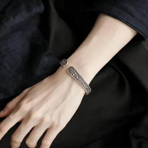 Vintage Embossed Flower Vine Pattern Open Cuff Bangle Bracelet For Women Ethnic Carved Antique Silver Copper Jewelry
