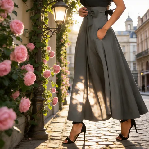Falda Larga de Mujer Línea A de Cintura Alta Estilo Workwear Color Sólido Gran Vuelo Con Bolsillos y Lazo con Cordones Trasero