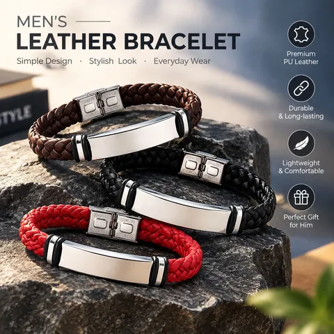 Herren Armband Edelstahl Geflochtenes Leder Minimalistisch ID Platte Poliert Modisch Trendy Punk Schmuck Accessoire
