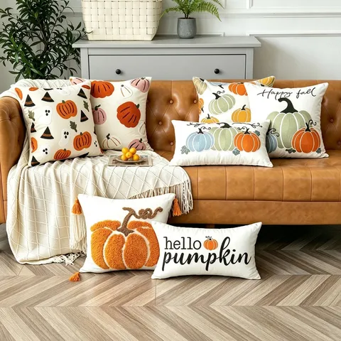 Halloween Pumpkin Canvas Pillowcase With Towel Embroidery Fall Decorative Sofa Cushion Cover Halloween Ghost Witch Hat Home Decor