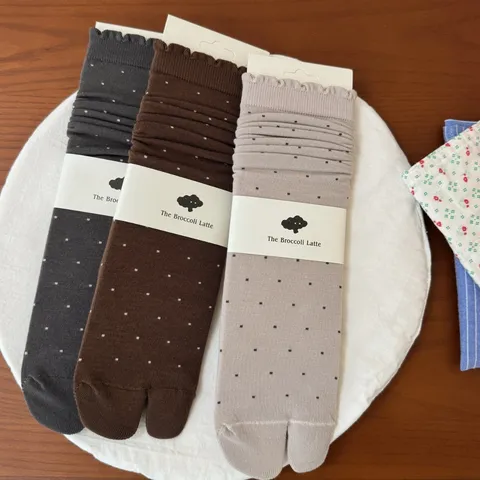 Women Polka Dot Tabi Slouch Socks Combed Cotton Split Toe Mid Tube Socks Korean Retro Style Breathable Casual Daily Socks