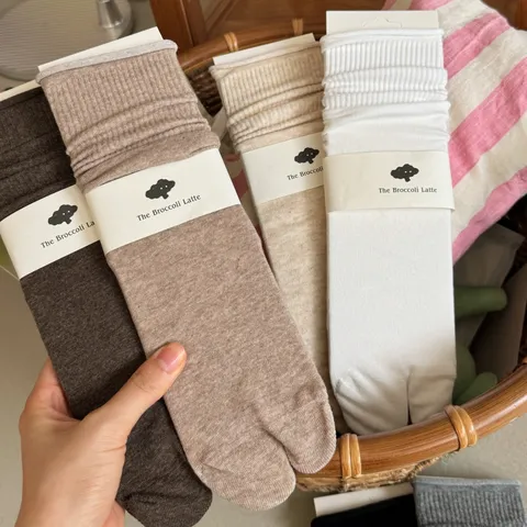 Women's Combed Cotton Mid-Tube Split-Toe Socks Breathable Slouch Tabi Socks Japanese Retro Solid Color Ribbed Hosiery