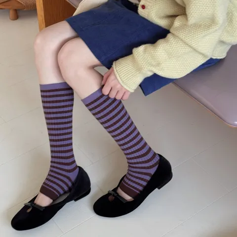 Korean Retro Striped Combed Cotton Leg Warmers Long Tube Stirrup Socks Color Block Knitted Socks For Men Women Autumn Winter Fashion