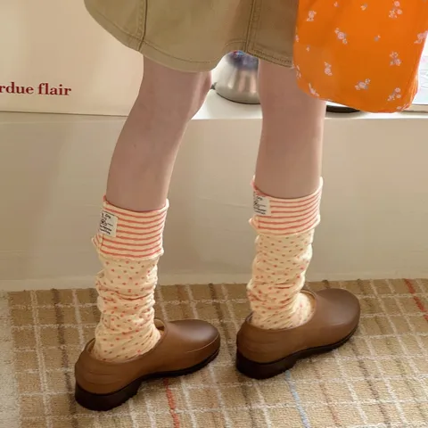 Korean Style Striped Leg Warmers Vintage Polka Dot Patchwork Stirrup Socks For Women Retro Stacked Look Cotton Blend Warming Covers