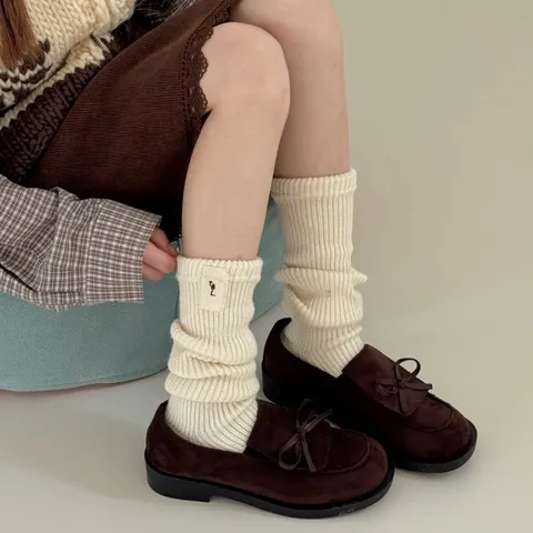 Japanese Style Thick Knit Wool Leg Warmers For Women Autumn Winter Solid Color Ribbed Slouch Socks Warm Stirrup Leg Warmers