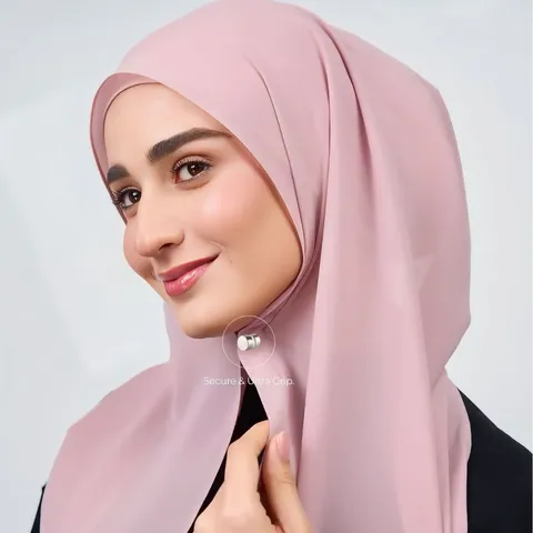 Women Pearl Chiffon Scarf With Magnetic Buckle Lightweight Hooded Hijab Solid Color Breathable Commuting Long Headwrap Scarf