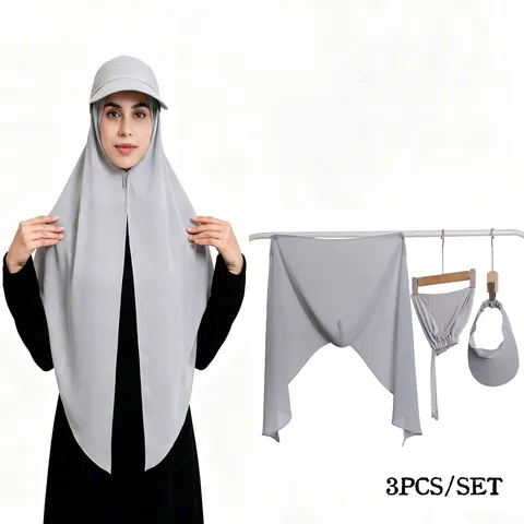 Set Hijab Musulmano 3 Pezzi Cappuccio in Chiffon Perlato Con Visiera Sotto-cappello Tinta Unita Elegante Sciarpa Parasole Donna Accessori