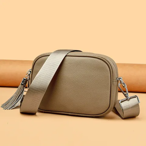 Genuine Leather Women Crossbody Bag Fashion Casual Cowhide Small Square Shoulder Bag With Tassel And Wide Strap