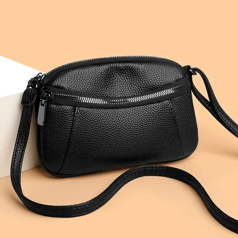 Women Genuine Leather Crossbody Bag Small Square Shoulder Bag Double Zipper Mini Daily Handbag Simple Fashion Purse
