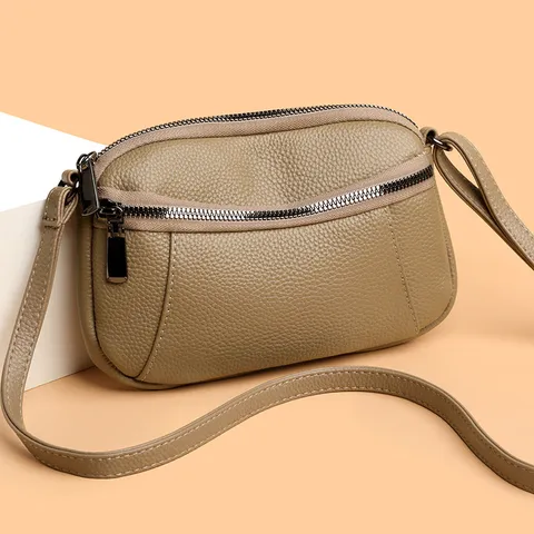 Women Genuine Leather Crossbody Bag Small Square Shoulder Bag Double Zipper Mini Daily Handbag Simple Fashion Purse