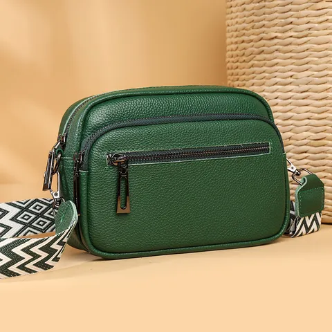 Men's Genuine Leather Crossbody Bag Business Casual Small Shoulder Bag Double Zipper Clutch Phone Bag Geometric Strap