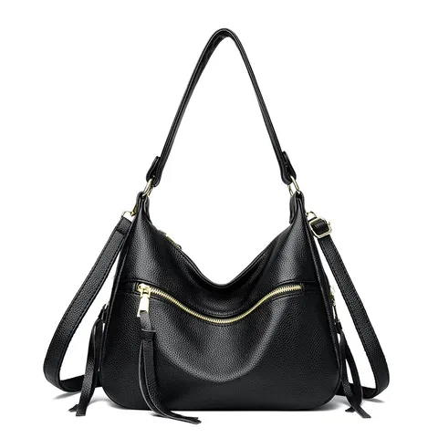 Women Large Capacity PU Leather Shoulder Bag Casual Solid Color Commuter Crossbody Bag With Tassel Decoration
