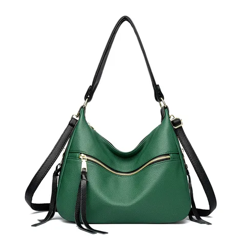 Women Large Capacity PU Leather Shoulder Bag Casual Solid Color Commuter Crossbody Bag With Tassel Decoration