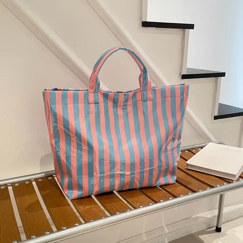 Mode Sac Tote en PVC Rayé Grande Capacité Imperméable Sac à Main Épaule Décontracté Navette Voyage Poignée Supérieure pour Femmes
