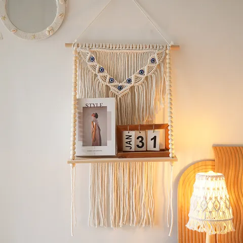Estante De Tapiz De Cuerda De Algodón Tejido A Mano Estilo Bohemio Nórdico Con Ojo Malo Y Cuentas De Madera Decoración De Pared Para Sala De Estar