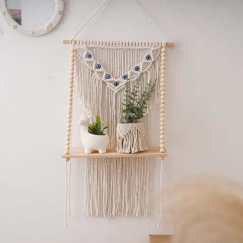 Estante De Tapiz De Cuerda De Algodón Tejido A Mano Estilo Bohemio Nórdico Con Ojo Malo Y Cuentas De Madera Decoración De Pared Para Sala De Estar