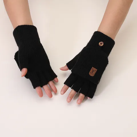 Winter Warm Knitted Gloves Flip Top Half Finger Wool Gloves Solid Color Casual Cycling Gloves For Students