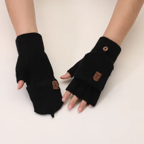 Winter Warm Knitted Gloves Flip Top Half Finger Wool Gloves Solid Color Casual Cycling Gloves For Students