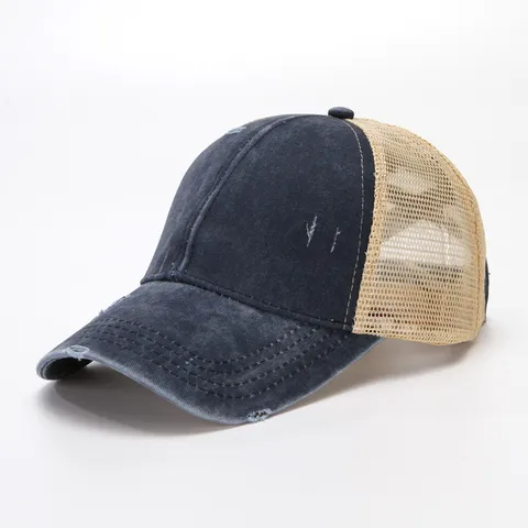 Cappellino da Baseball in Cotone Rete da Donna Coda di Cavallo Elastico Incrociato Vintage Lavato Cappello Trucker Regolabile