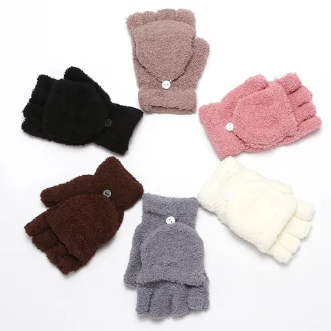 Women Winter Warm Polar Fleece Flip Top Fingerless Gloves Solid Color Thickened Thermal Half Finger Mittens