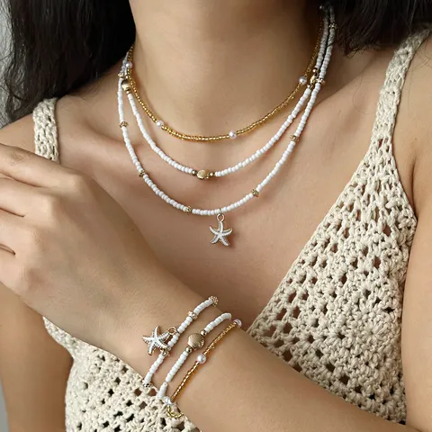 Boho Legierung Künstliche Perle Muschel Seestern Anhänger Halskette Armband Fußkettchen Mehrlagig Strand Perlen Schmuck Set Für Damen