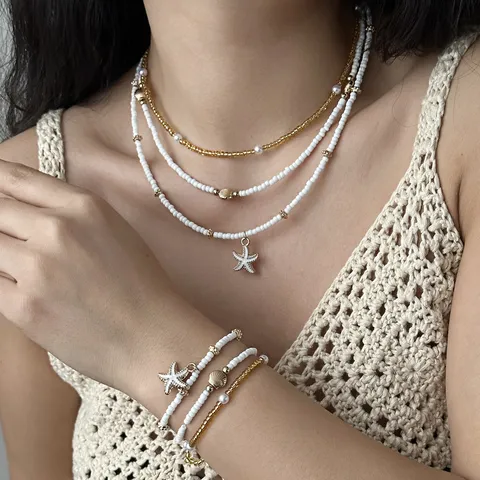 Boho Legierung Künstliche Perle Muschel Seestern Anhänger Halskette Armband Fußkettchen Mehrlagig Strand Perlen Schmuck Set Für Damen