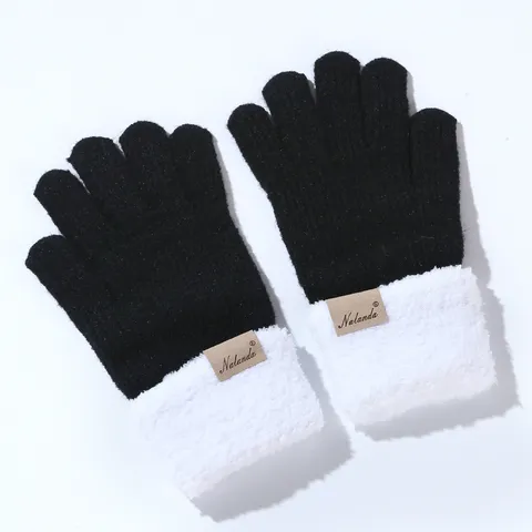 Women Winter Warm Knit Touchscreen Gloves Thickened Plush Cuff Solid Color Polyester Fashion Outdoor Mittens