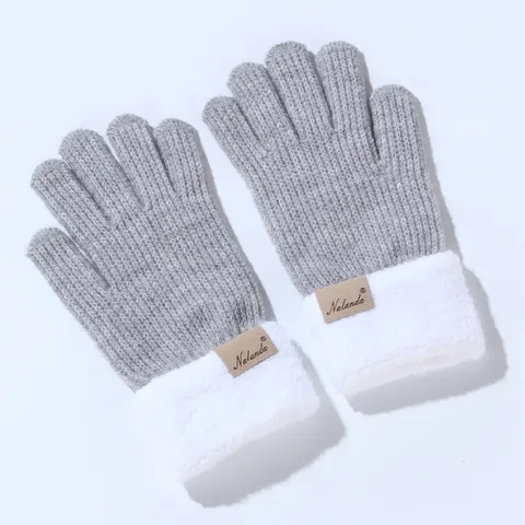Women Winter Warm Knit Touchscreen Gloves Thickened Plush Cuff Solid Color Polyester Fashion Outdoor Mittens