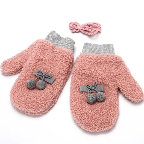 Guanti in Peluche Caldi Invernali da Donna Grazioso Fiocco Doppio Pompon Mopet Termiche Ispessite Con Cordino Antismarrimento