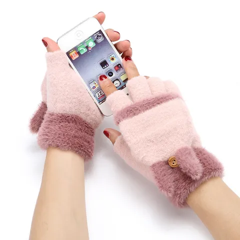 Women's Winter Warm Knitted Gloves Cute Plush Flip-Top Half-Finger Jacquard Gloves Daily Outdoor Cold Weather Gloves