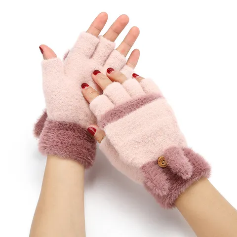 Women's Winter Warm Knitted Gloves Cute Plush Flip-Top Half-Finger Jacquard Gloves Daily Outdoor Cold Weather Gloves
