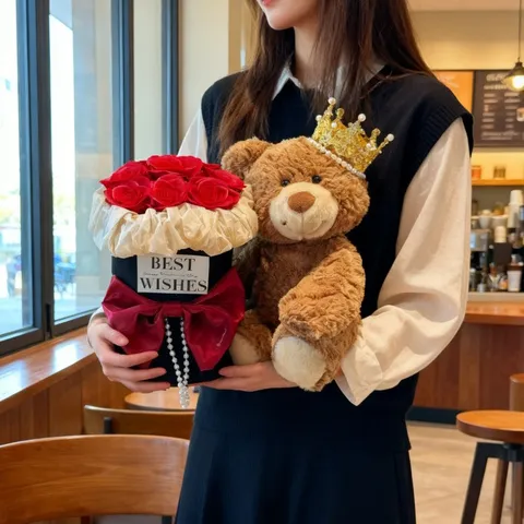 Caja de Regalo de Ramo de Flores de Rosa Preservada de Osito de Peluche Con Corona Muñeca de Peluche Y Tarjeta de Felicitación Para Día de San Valentín Cumpleaños