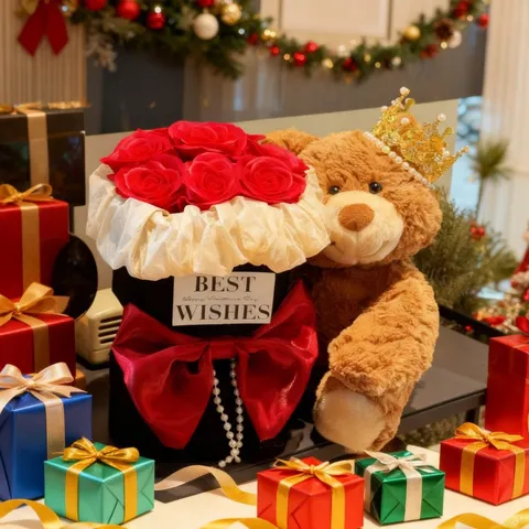 Caja de Regalo de Ramo de Flores de Rosa Preservada de Osito de Peluche Con Corona Muñeca de Peluche Y Tarjeta de Felicitación Para Día de San Valentín Cumpleaños