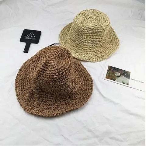 Chapeau de Paille Femme Anti-UV Pliable Été Plage Bucket Hat Tissé Loisirs Voyage Extérieur