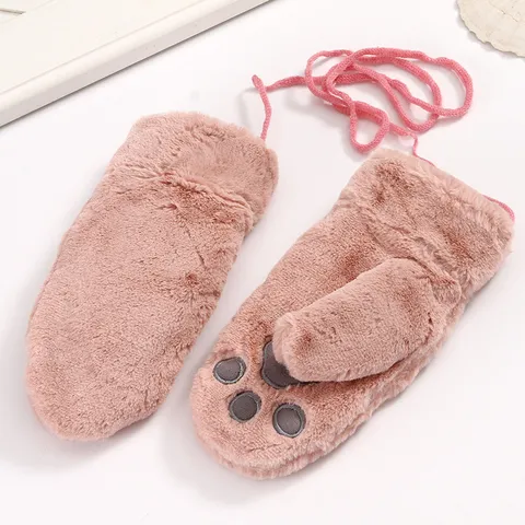 Guantes de Invierno de Terciopelo Cálido para Mujer Diseño Lindo de Pata de Oso de Dibujos Animados Mitones Cortavientos Gruesos Con Correa