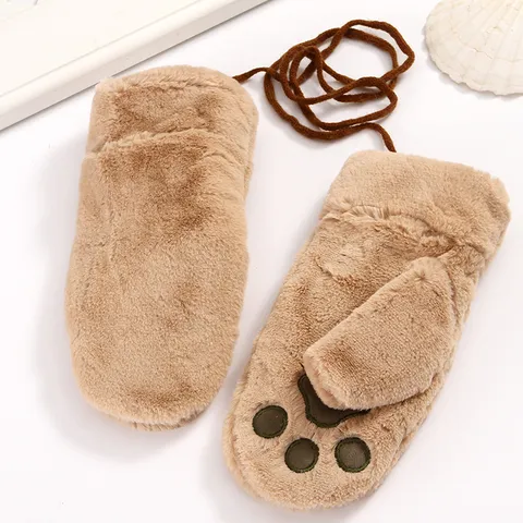 Guantes de Invierno de Terciopelo Cálido para Mujer Diseño Lindo de Pata de Oso de Dibujos Animados Mitones Cortavientos Gruesos Con Correa