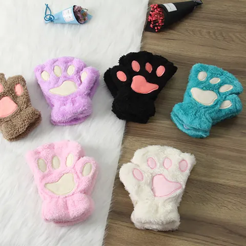 Donne Inverno Carino Zampa Di Gatto Guanti Mezzo Dito Ispessito Peluche Caldo Morbido Guanti Senza Dita Quotidiano Casual Abbigliamento Invernale