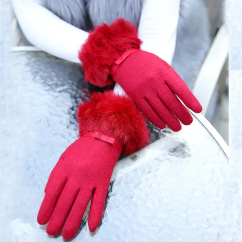 Women Winter Cashmere Touch Screen Gloves Faux Rabbit Fur Cuff Bowknot Warm Mittens